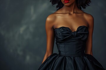 Cropped view of an elegant lady in a stylish black strapless gown against a moody background