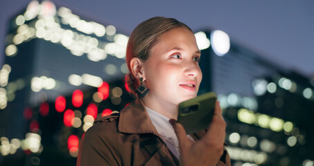 Woman, smile and outdoor with smartphone for voice note at night for conversation on social media...