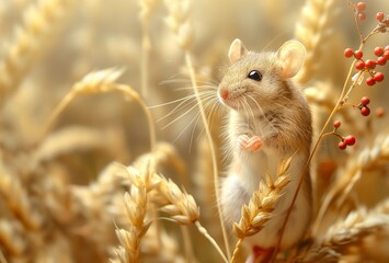 A terrestrial animal, a small mouse, is seen in a field of wheat. The closeup view reveals the tiny organism amidst the tall grass and flowering plants