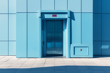 Pale blue elevator with modern aesthetics in a high-rise building, front perspective.