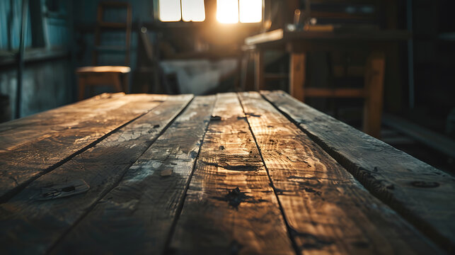 Worn old wooden table and workshop interior Retro vintage photo of background and mockup Sun light and dark shadows : Generative AI