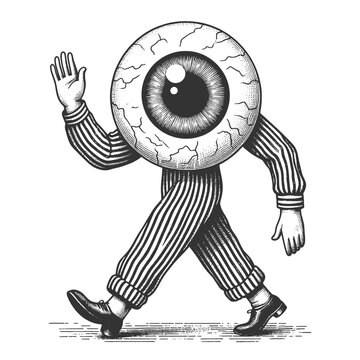 eyeball cartoon character walking in striped attire, evoking surrealistic themes sketch engraving generative ai fictional character vector illustration. Scratch board imitation. Black and white image.