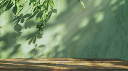 wood table green wall background with sunlight window create leaf shadow on wall with blur indoor green plant foregroundpanoramic banner mockup for display of producteco friendly inter : Generative AI