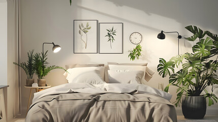 Bedroom interior with mock up poster frame cozy bed beige bedding stylish lamp plants in pots clock wall with stucco carpet and personal accessories Home decor Template : Generative AI