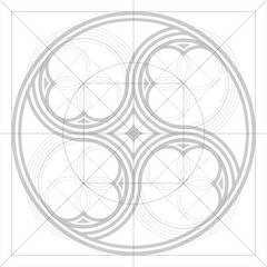 Geometric diagram drawing Gothic window. vector silhouettes of cathedral round gothic windows. Forging or stained glass.