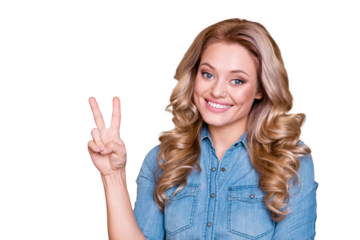 Close-up portrait of her she nice cute sweet lovely fascinating charming attractive cheerful positive optimistic glad wavy-haired lady showing v-sign isolated over gray violet purple pastel background