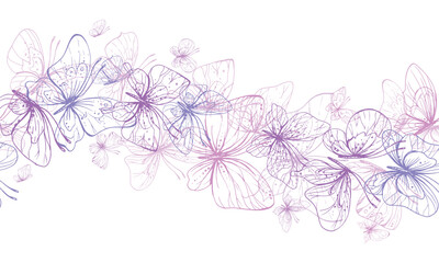 Butterflies are pink, blue, lilac, flying, delicate line art, clip art. Graphic illustration hand drawn in pink, lilac ink. Seamless board pattern EPS vector