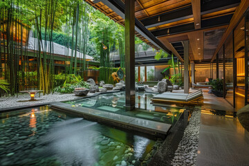 A tranquil Zen spa adorned with bamboo accents, soothing water features, and plush relaxation...