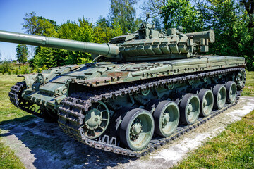 tank t80, armored vehicles with dynamic protection unit on street in green khaki color