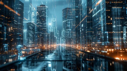 Obraz premium Interaction of technology and finance in a modern cityscape at night