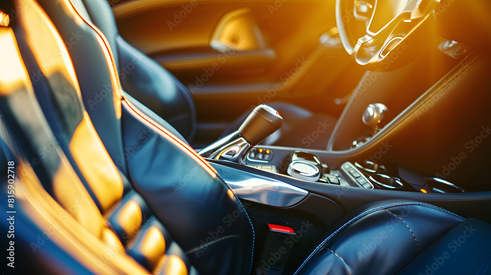 Poster high angle view of luxury sport car front passenger seat and detail high end fabric and stitch textu
