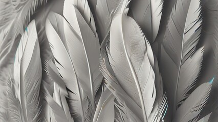 Closeup, white and feathers background for peace, calm and spirituality for God, religion and hope. Ai generated, feather and bird plumage for creative banner, texture or detail space for angel faith