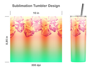 Realistic cocktail pattern with ice cubes. Seamless sublimation template for 20 oz skinny tumbler. Sublimation illustration. Seamless from edge to edge. Full tumbler wrap.