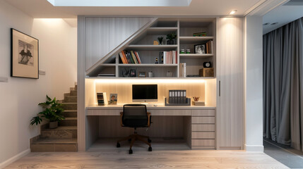 Sleek and functional minimalist home office in a hallway with a built-in desk and shelves under a stairwell.