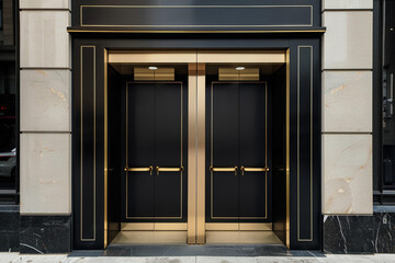Sleek black luxury elevator doors with gold trim in an urban high-rise, full front view.