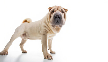 Obraz premium Chinese shar pei - Canis lupus familiaris - with abundant folds of loose skin about the head, neck, and shoulders. standing side profile view isolated on white background