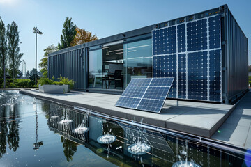 Sleek grey container office with solar panels, surrounded by a reflective water feature, diagonal view.
