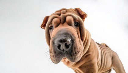 Obraz premium Chinese shar pei - Canis lupus familiaris - with abundant folds of loose skin about the head, neck, and shoulders. close up face and head view looking at camera isolated on white background
