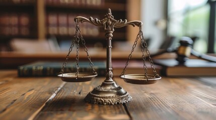 Scales of justice on a wooden desk, legal books and a gavel in soft focus in the background