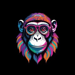Colorful monkey mascot image. psychedelic graphic design.black background