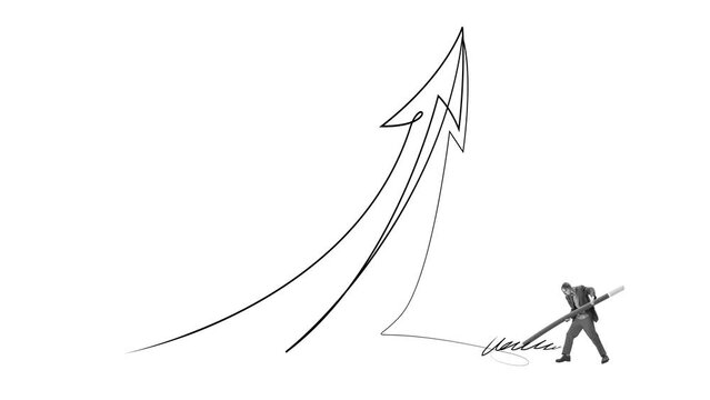 Man drawing giant arrow going upwards symbolizing success, progressive growth, strategy and achievements. Stop motion, animation. Single line drawing. Concept of business, ambitions, promotion