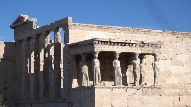 Athens 05,22,2024 Acropolis in Greece, Parthenon in Athens drone aerial view, famous Greek tourist attraction, Ancient Greece landmark  - Caryatids statue Temple  Unesco Heritage world 