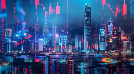Modern cityscape illuminated with digital financial graphics