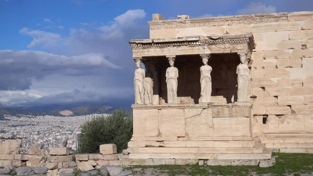 Athens 05,22,2024 Acropolis in Greece, Parthenon in Athens drone aerial view, famous Greek tourist attraction, Ancient Greece landmark  - Caryatids statue Temple  Unesco Heritage world 