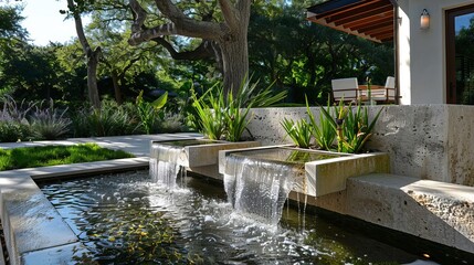 Fototapeta premium Modern water feature in a serene garden