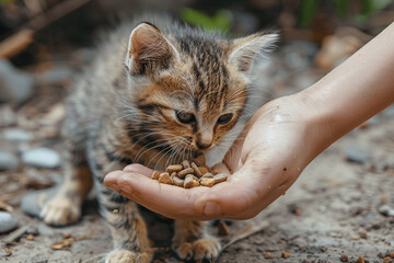 closeup stray kitten eating cat food from person’s hand on the street. human feeding homeless cat