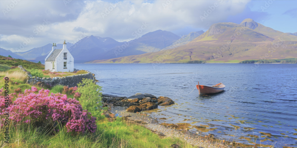 Wall mural Landscape with mountains, house and blue lake
