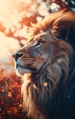 Naklejka premium Lion, close up, focus on, copy space, majestic and powerful, Double exposure silhouette with savanna.