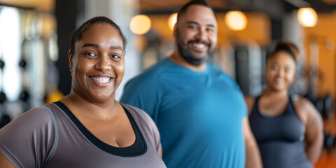plus size smiling mixed race couple in a gym. chubby diverse man and woman in fitness club, looking at camera wearing sports clothes