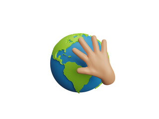 3D Hand stop and the planet earth icon, World protection concept, Environmental Care. Protecting Planet Together. Stop great design for any purposes. Symbol, Icon no entry. Sign forbidden. 3d render