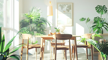 Fototapeta premium Stylish and botany interior of dining room with design craft wooden table chairs a lof of plants window poster map and elegant accessories in modern home decor Template : Generative AI