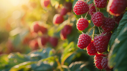 Close-up of ripe raspberries on plants in a garden.