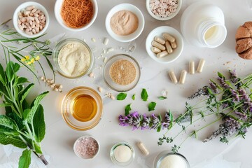 Natural supplements and their ingredients on a table