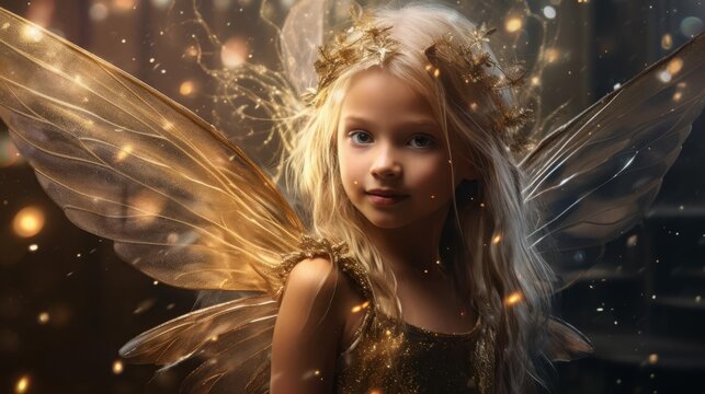 A portrait of a child with fairy wings and pixie dust surrounding them, with glitter effects, in a magical and fantasy style with sparkling highlights and enchanting details, in the style of a hyper r