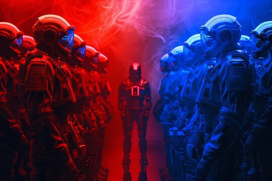 Red team versus blue team exercises, front view, honing defense tactics, cybernetic tone, Triadic Color Scheme