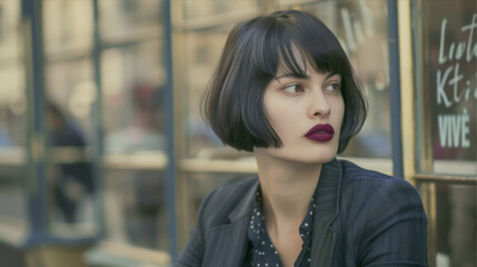 Portrait of a girl with a bob in a jacket

