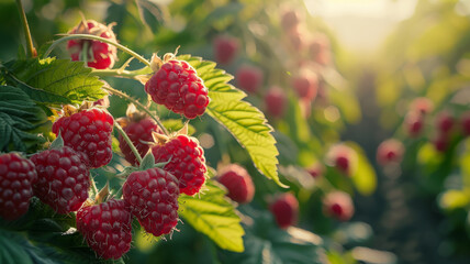 Ripe raspberries on the bush in a sunlit garden.