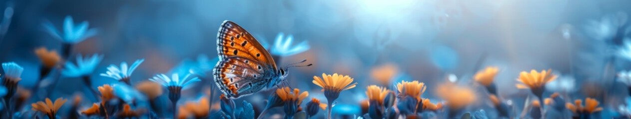Beautiful Blooming Spring Flowers and Butterflies in Vibrant Garden. Floral Nature Backgrounds for Seasonal, Botanical, or Eco-Friendly Designs