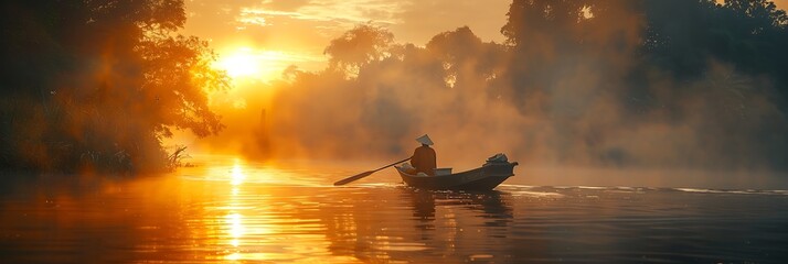 Life of fisherman at river side in Mandalay, Myanmar with wonderful sun light at morning realistic nature and landscape