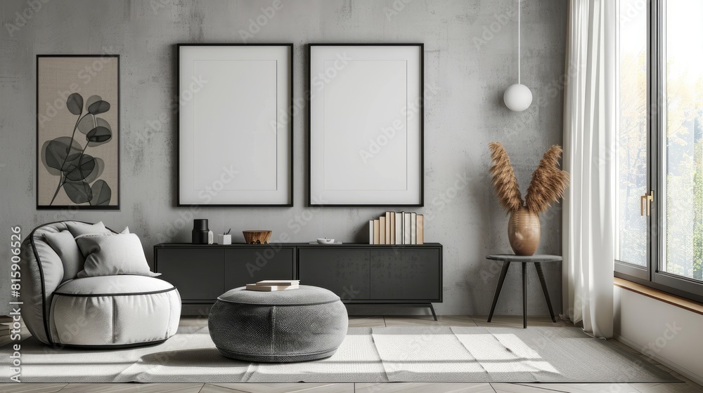 Wall mural 3d render interior of a room, with two blank mockup and black furniture and sofa