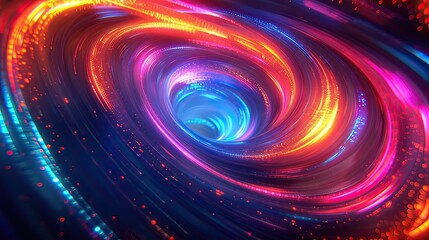 Abstract image of neon light lines swirling in a cosmic dance. With bright colors contrasting with the dark starry sky, the concept of quantum physics.