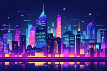 night cityscape flat design front view neon glow theme cartoon drawing colored pastel