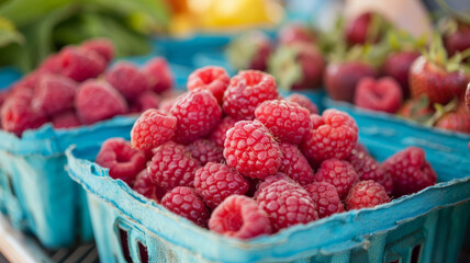 Fresh raspberries in a blue container at a market, strawberries nearby.