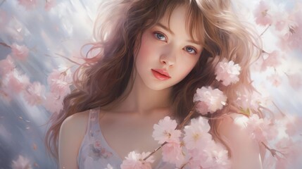 Fototapeta premium A portrait of a young girl with cherry blossoms gently falling around her, with soft pink hues effects, in a delicate and serene style with gentle light and pastel colors, in the style of a hyper real