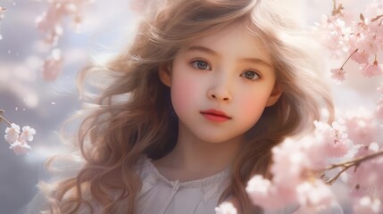 Fototapeta premium A portrait of a young girl with cherry blossoms gently falling around her, with soft pink hues effects, in a delicate and serene style with gentle light and pastel colors, in the style of a hyper real