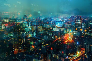 Night cityscape with digital data overlay